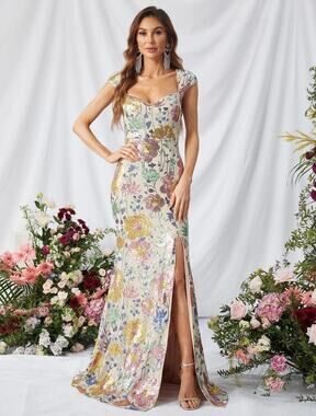 Faeriesty Floral Sequin Maxi Gown Sweetheart Neck Size M Formal Evening Dress